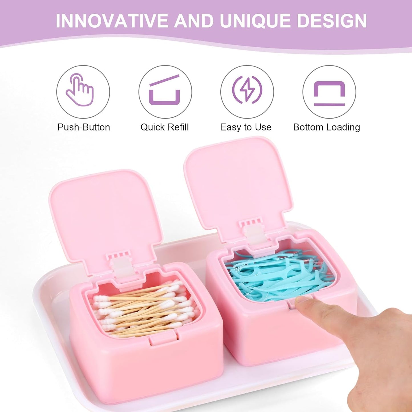 JGB 2 Packs Floss Pick Holder Container With One-Touch Opening, Quick Refill For Qtip, Cotton Swabs, Balls, Pads - Reusable Square Dispenser Box For Home, Hotel, Office Organizers and Storage - Pink