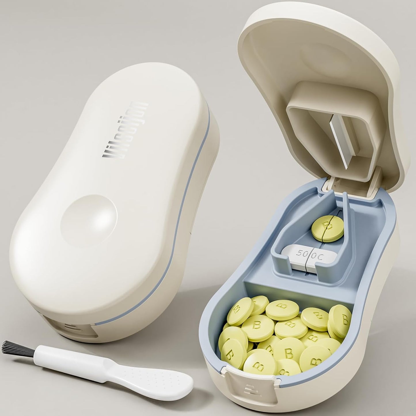 Pill Cutter for Small and Tiny Pills - Pill Splitter with Detachable Silicone Pad - Easy Open Snap Button. Wrap-Around Blade Guard Prevents Cuts. Back Storage (White)