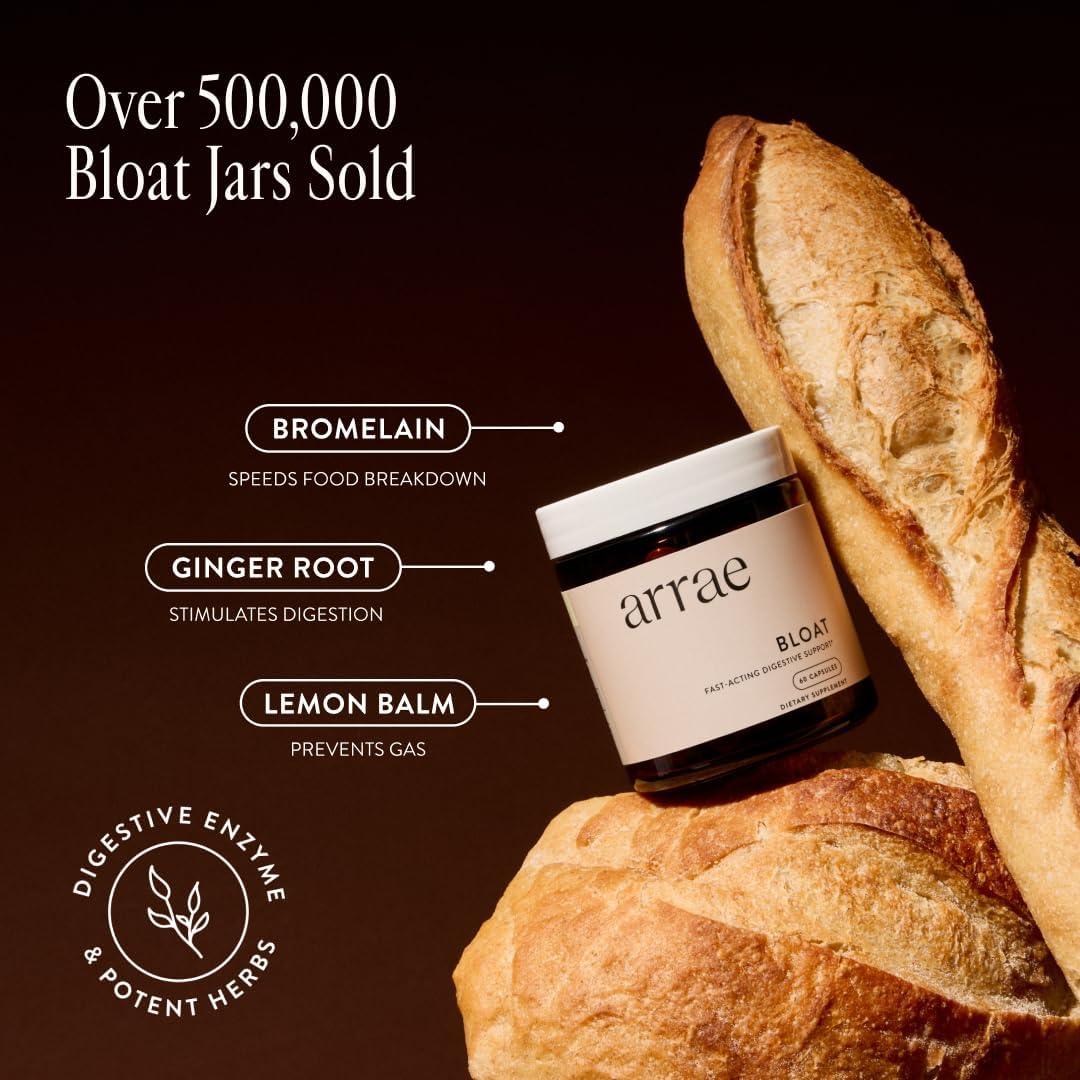 Arrae Fast-Acting Bloating Relief Digestive Enzymes, All Natural Bloat, Gas & Indigestion Relief Capsules, 60 Count