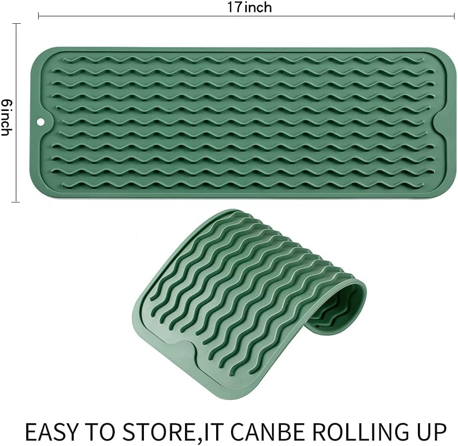 Silicone Dish Drying Mat for Multiple Usage,Easy clean,Eco-friendly,Heat-resistant Silicone Mat for Kitchen Counter,Sink,Bar,Bottle,or Cup Green M 17 inches x 6 inches