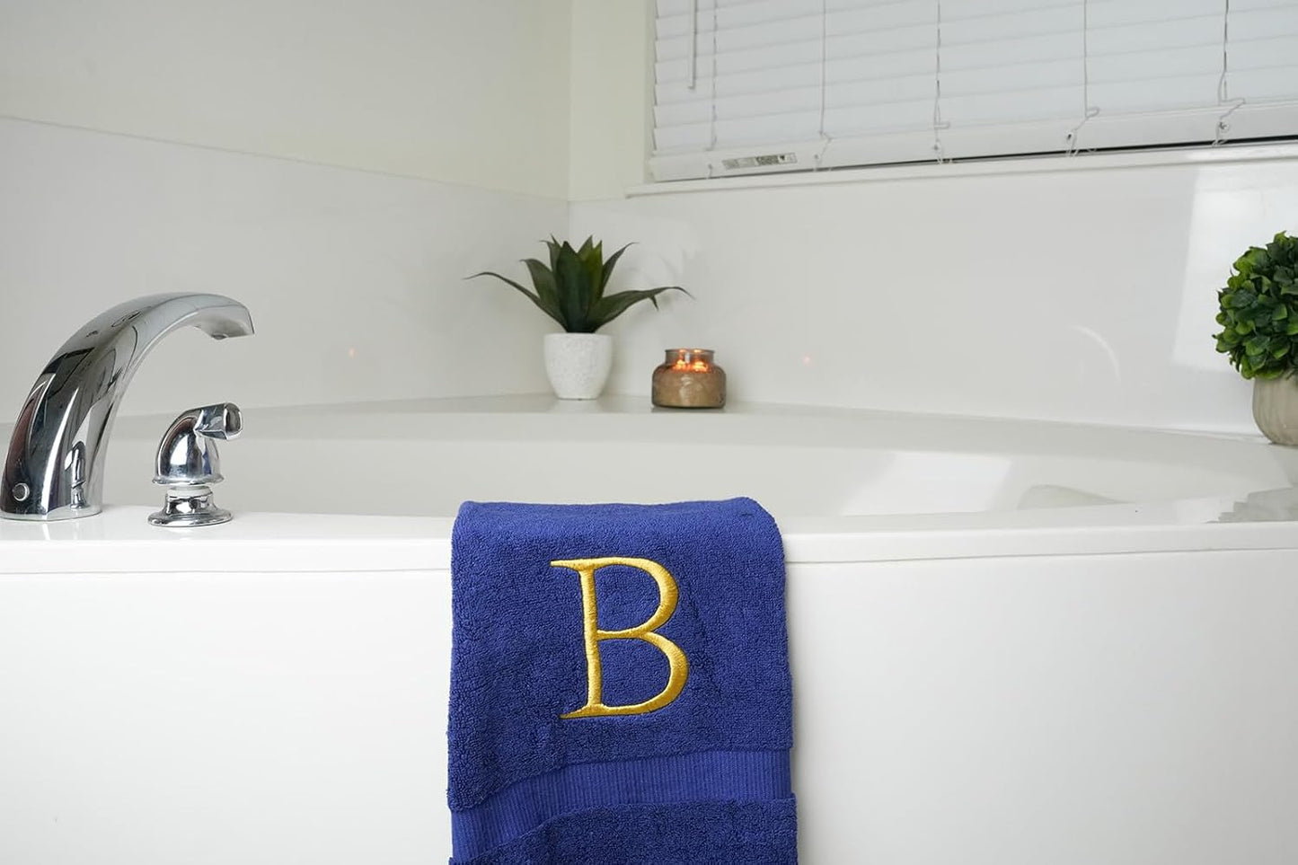 Navy and Gold Bathroom Hand Towel - Monogrammed Luxury Hotel Quality Decorative Embroidered Towel for Powder Room, Spa - GOTS Organic Certified - Pack of 2, Letter B