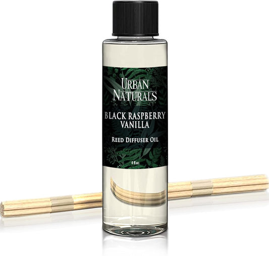 Urban Naturals Reed Diffuser Oil Refill, Black Raspberry Vanilla Oil for Diffuser with Orchid, Amber, Sandalwood, 4 oz + Free Reed Sticks, Made in The USA