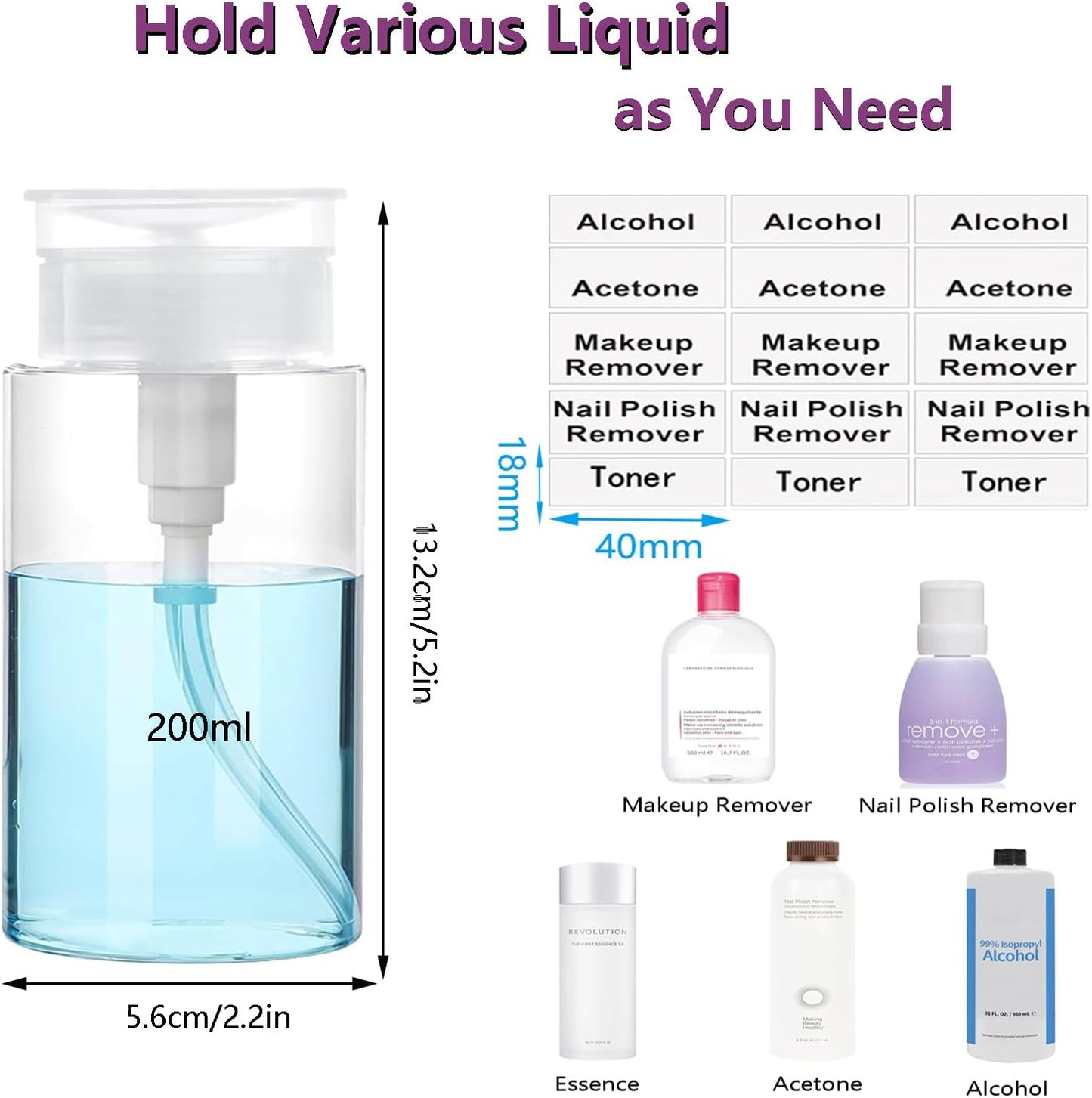 Push Down Pump Dispenser, 6.8oz Clear Pump Bottles with Alcohol, Acetone, Nail Polish Remover, Makeup Remover, Toner Stickers Empty Push Top Container for Liquid (200ml-4Pack)