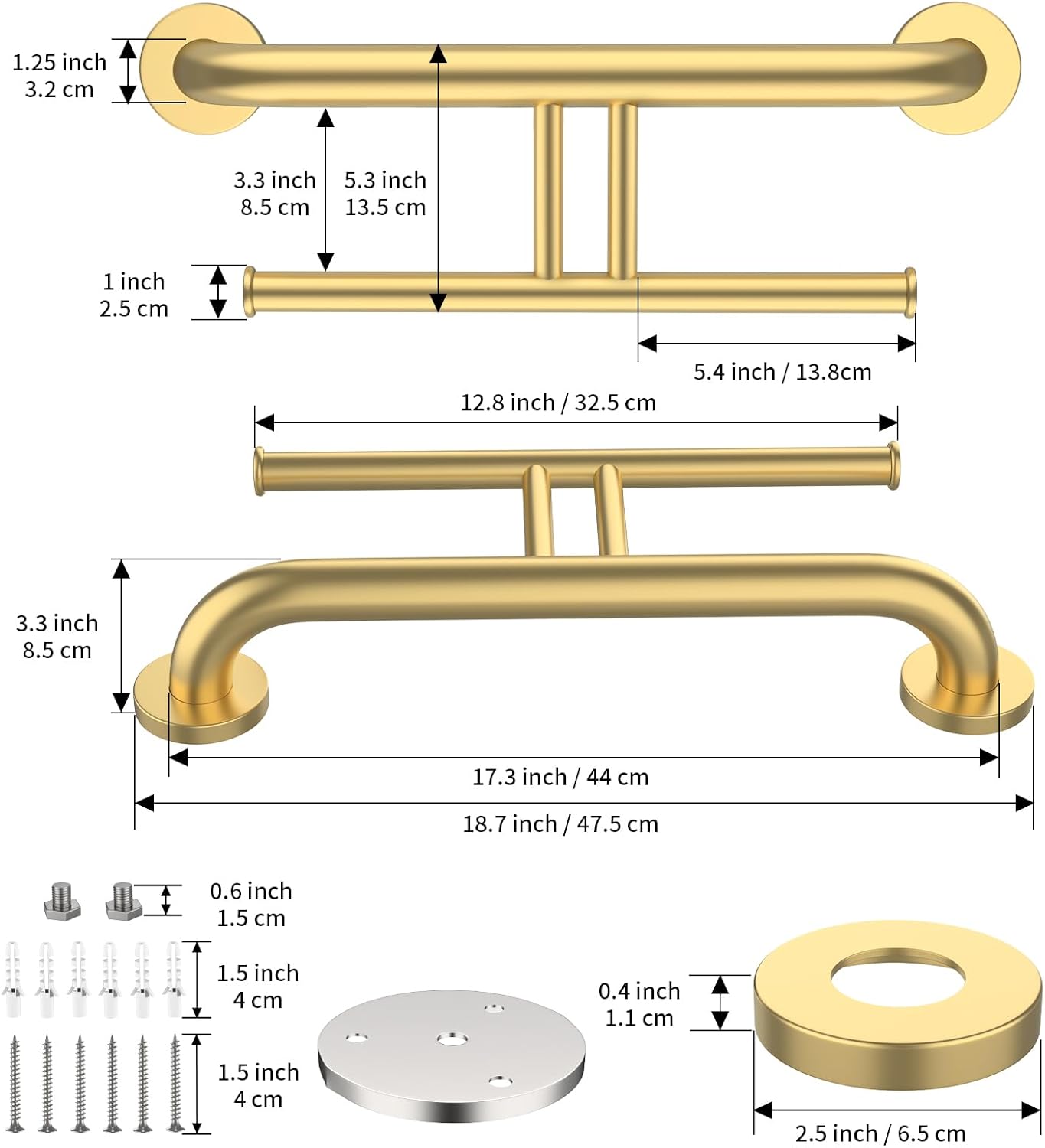 Brushed Gold Grab Bar for Bathroom 17 Inch, Zepolu Stainless Steel 2-in-1 Safety Handrail w/Double Toilet Paper Holder, Wall Mounted Balanced Support Bar Assist Handle for Senior Elderly Handicap