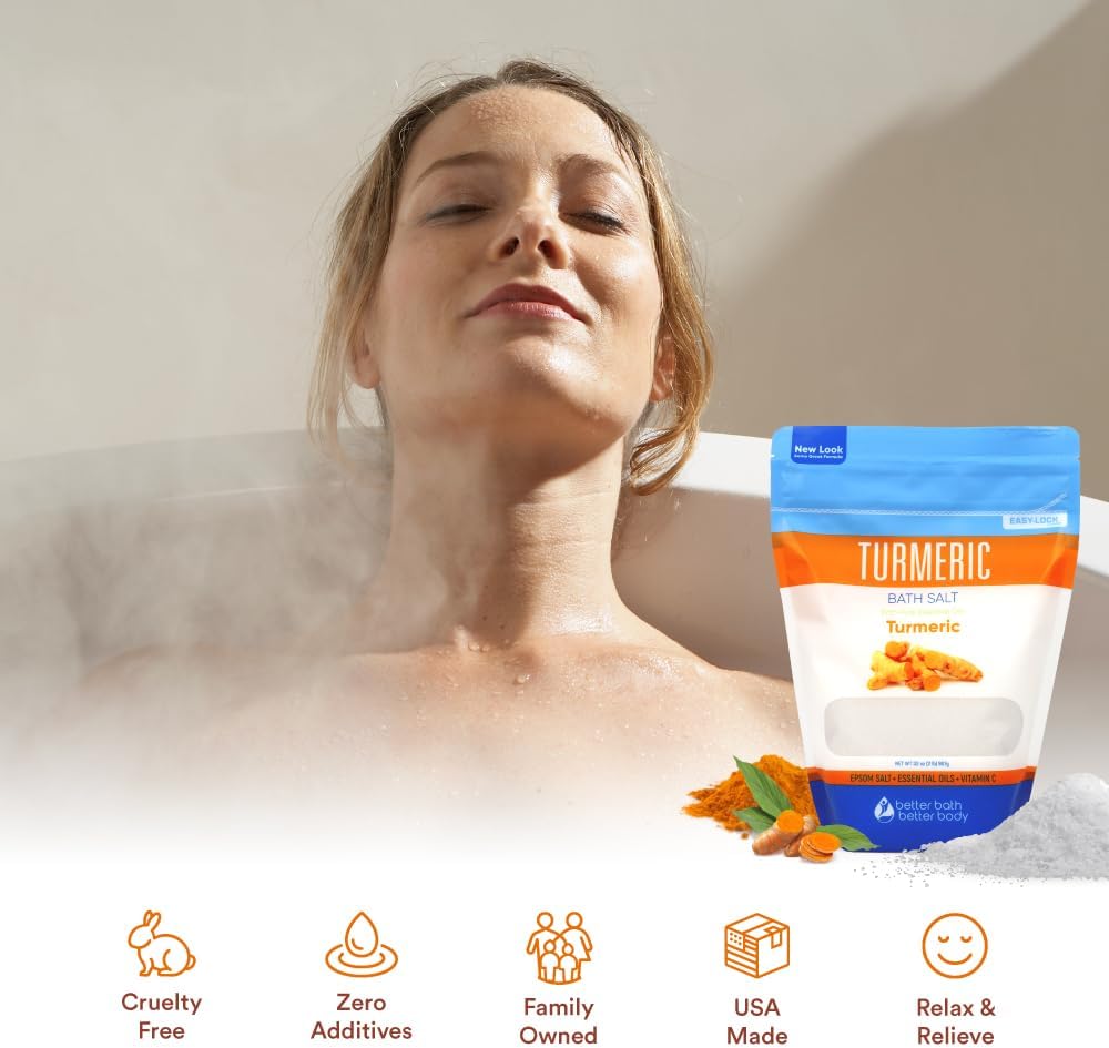 Turmeric Bath Salt 32 Oz Epsom Salt with Essential Oils Turmeric, Cinnamon, Orange Plus Vitamin C in BPA-Free Pouch with Easy Press-Lock Zipper | Natural Bath Soak to Relieve & Soothe | Made in USA