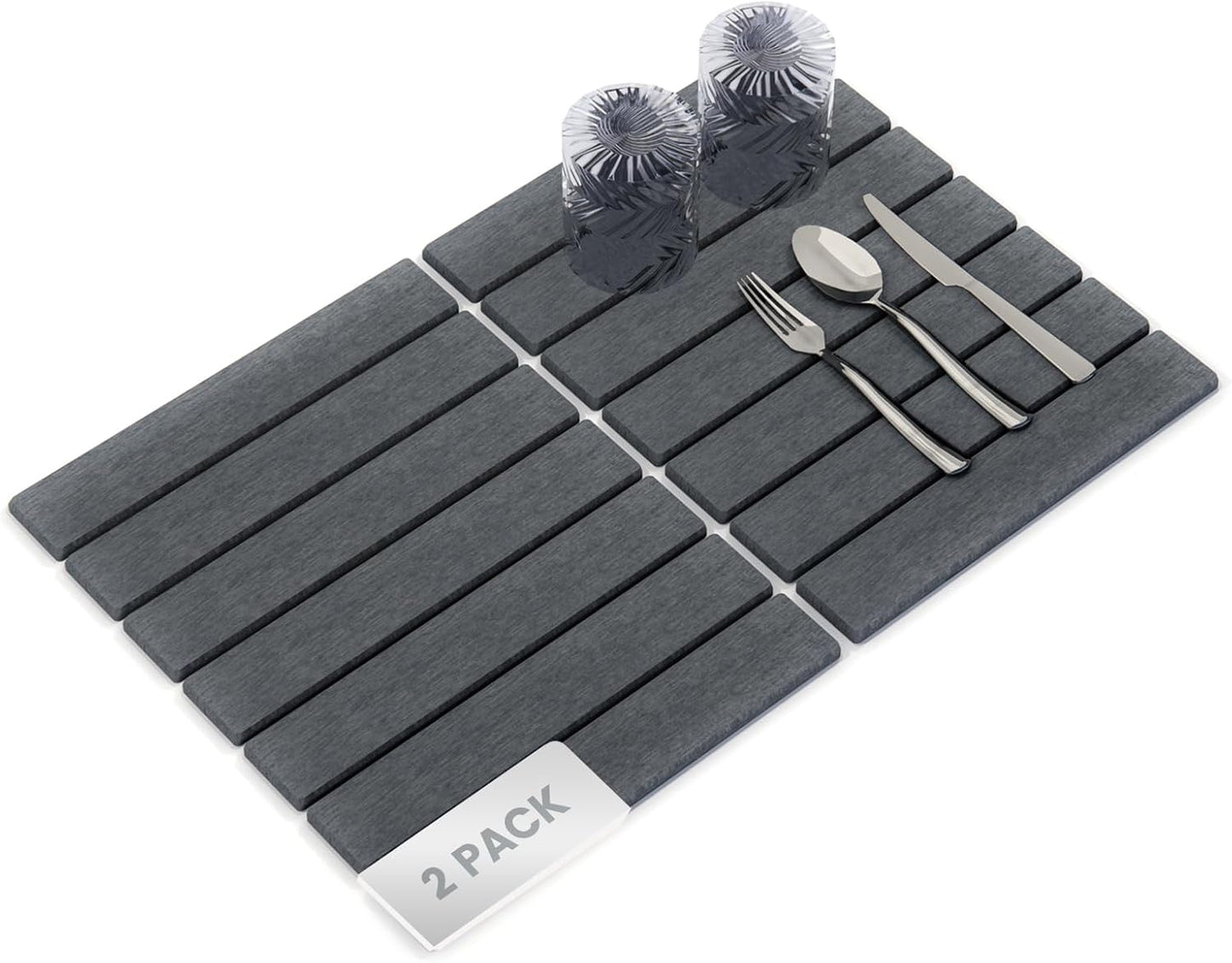 2 PCS Stone Dish Drying Mats for Kitchen Counter, Foldable Non-Slip Diatomaceous Earth Pad Set (12"x16" Each, Gray) - Super Absorbent Quick Dry Mat for Kitchen & Bathroom Counter, Sink - Dishes Cups