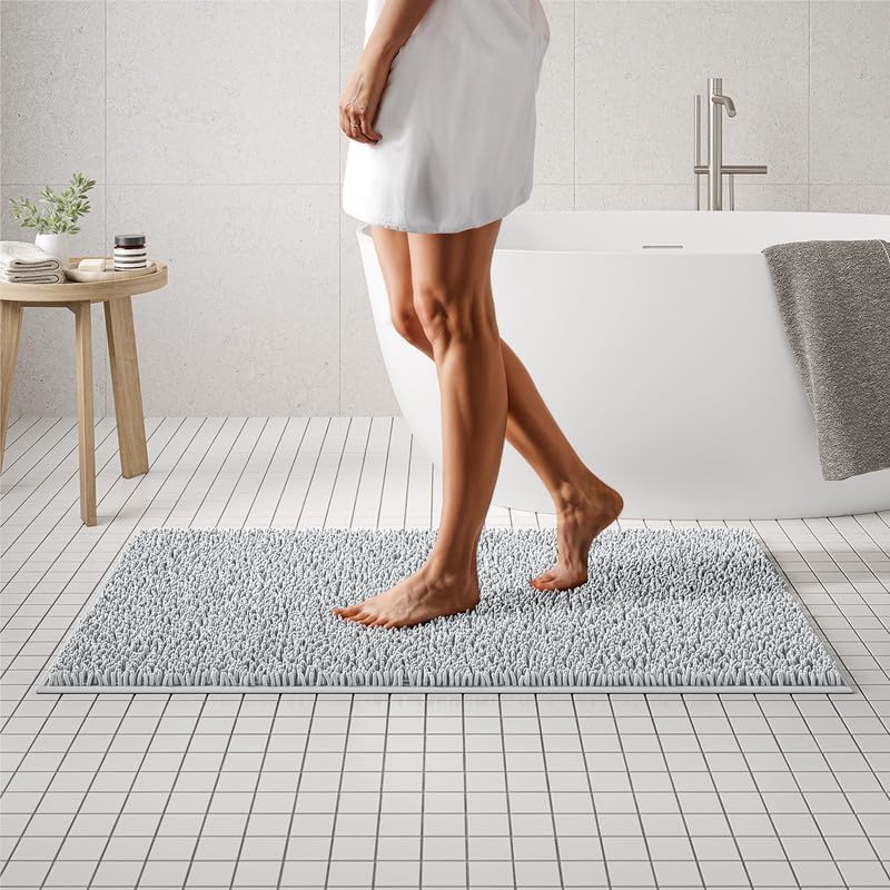 MAYSHINE Plush Shaggy Chenille Bath Mat | Extra Soft, Super Absorbent, Non-Slip Bathroom Rug | Fluffy Microfiber, Area Rug Sets for Bathroom Floor, Kitchen, Living Room | 47"x27" | White