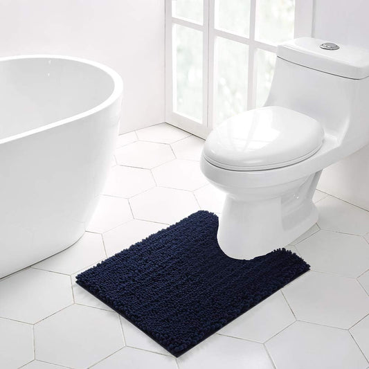 Walensee Bathroom Contour Rug Non Slip Toilet U Shaped Bath Mat (20x24, Navy) Water Absorbent Super Soft Shaggy Chenille Machine Washable Dry Extra Thick Perfect Absorbant Best Plush Carpet