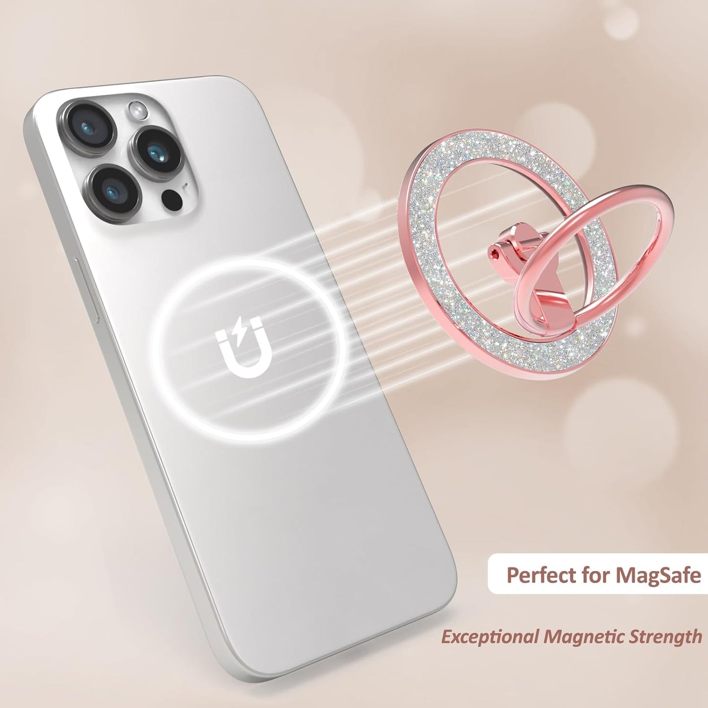 for MagSafe Phone Grip Stand, Magnetic Phone Ring Holder for MagSafe, Magnetic Ring Holder for iPhone. (Glitter Rose Gold)