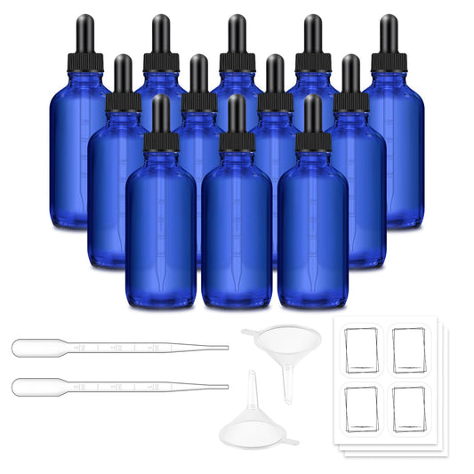 Bumobum Dropper Bottles 4 oz, 12 Pack Glass Tincture Bottles with Dropper for Essential Oils with Funnel, Labels & Pipette (Unbreakable Plastic Eye Dropper)