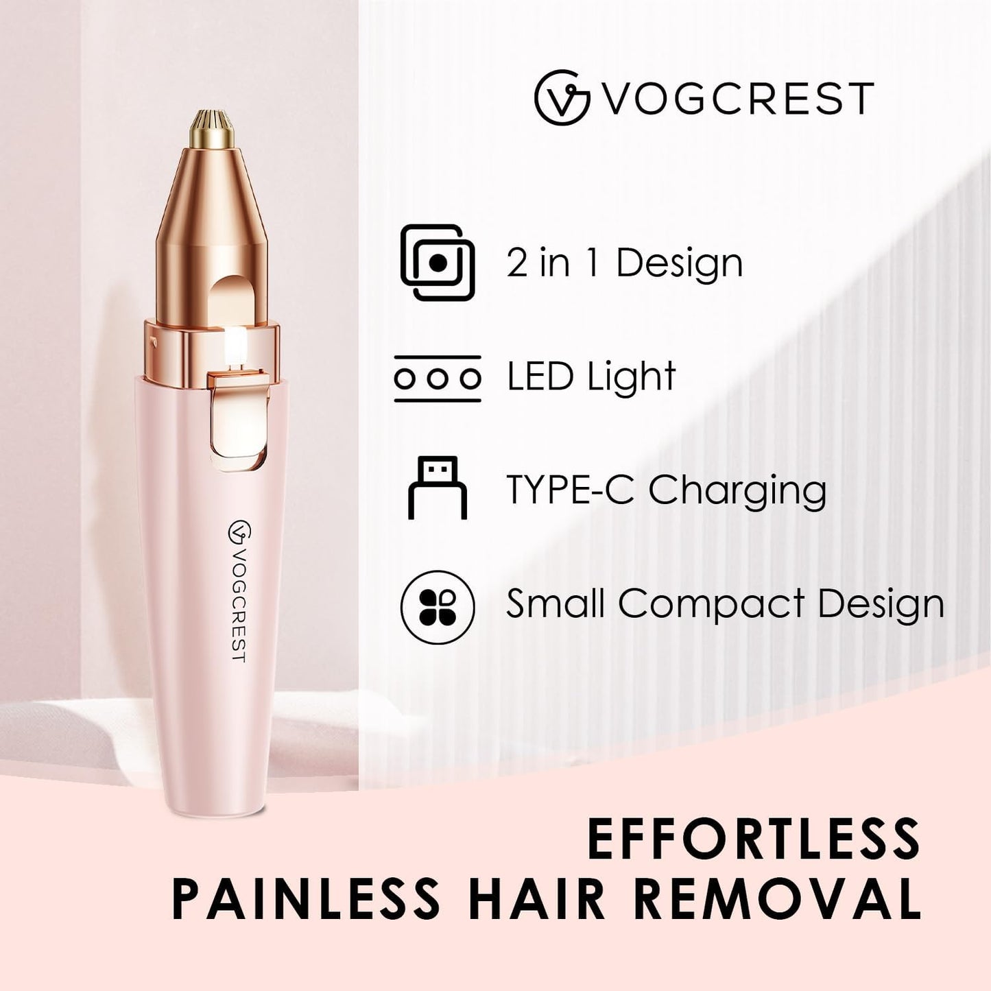 VG VOGCREST Eyebrow Facial Trimmer: 2 in1 Rechargeable Facial Hair Removal and Eyebrow Shaver - Face Lips Body Painless Facial Razor with Built-in LED Light (Pink)