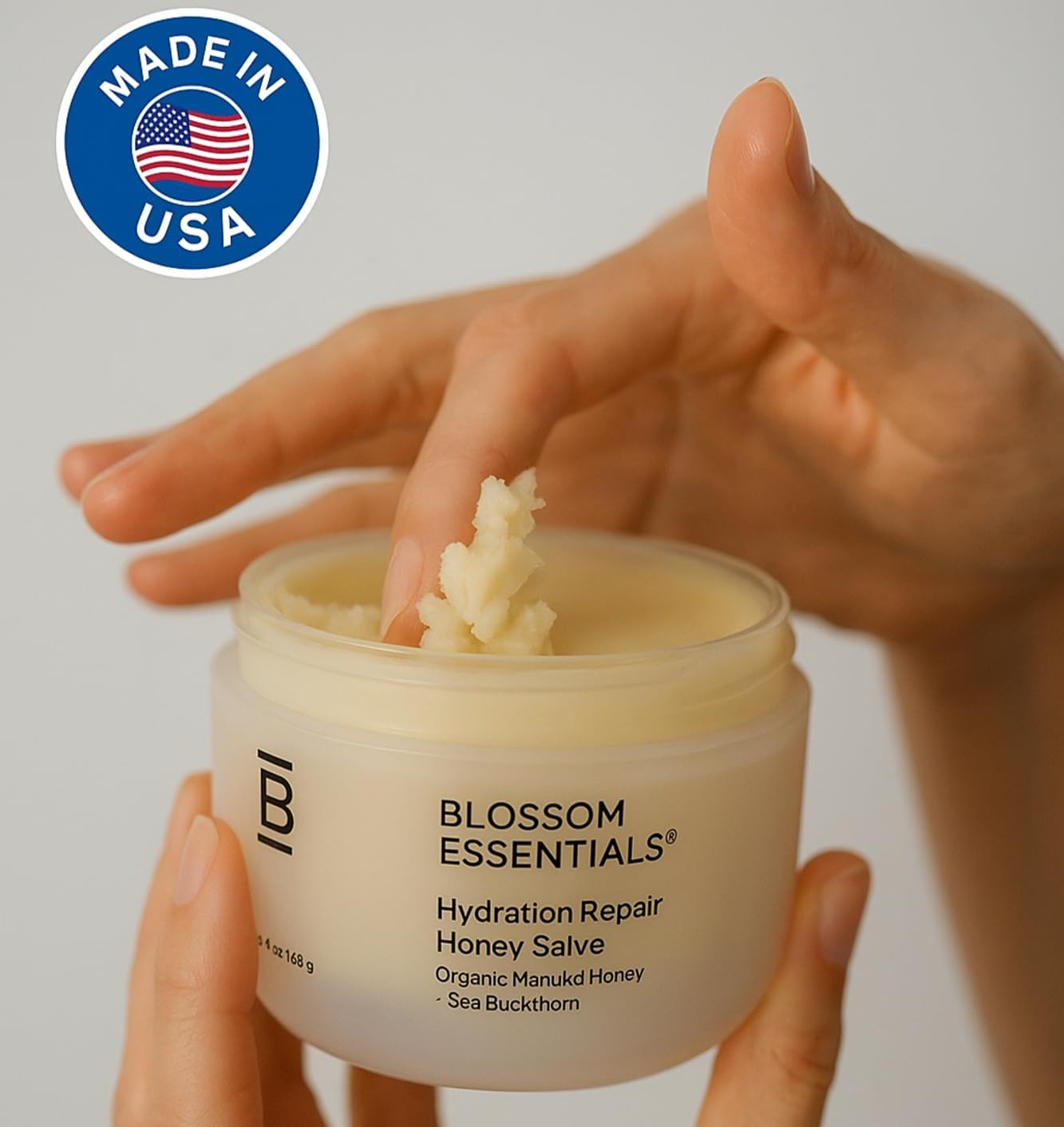 Blossom Essentials Honey Salve - Nut Free - Organic Manuka Honey Hydration Repair - Eczema Relief for Dry, Itchy, Sensitive Skin - Soothing Moisturizer & Balm for Kids, Adults - Made in USA - 4oz