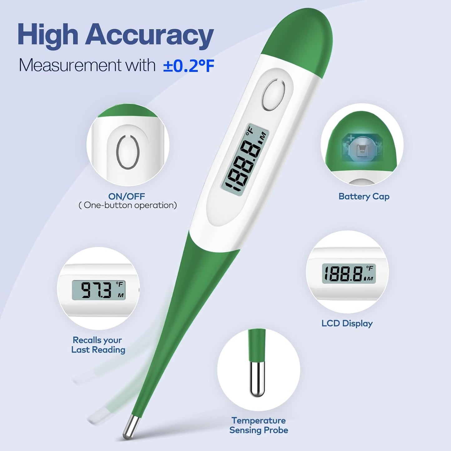 Boncare 10 Seconds Oral Thermometer for Adults and Kids - Accurate & Safe Rectal Thermometer for Baby with Fever Alarm, Digital Thermometer (Dark Green)