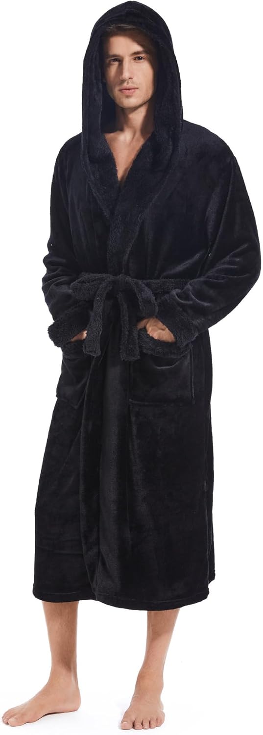 Inner Wish Mens Hooded Robe, Plush Long Bath robes Cozy Warm Bathrobe Fuzzy male Spa Robe With Pockets