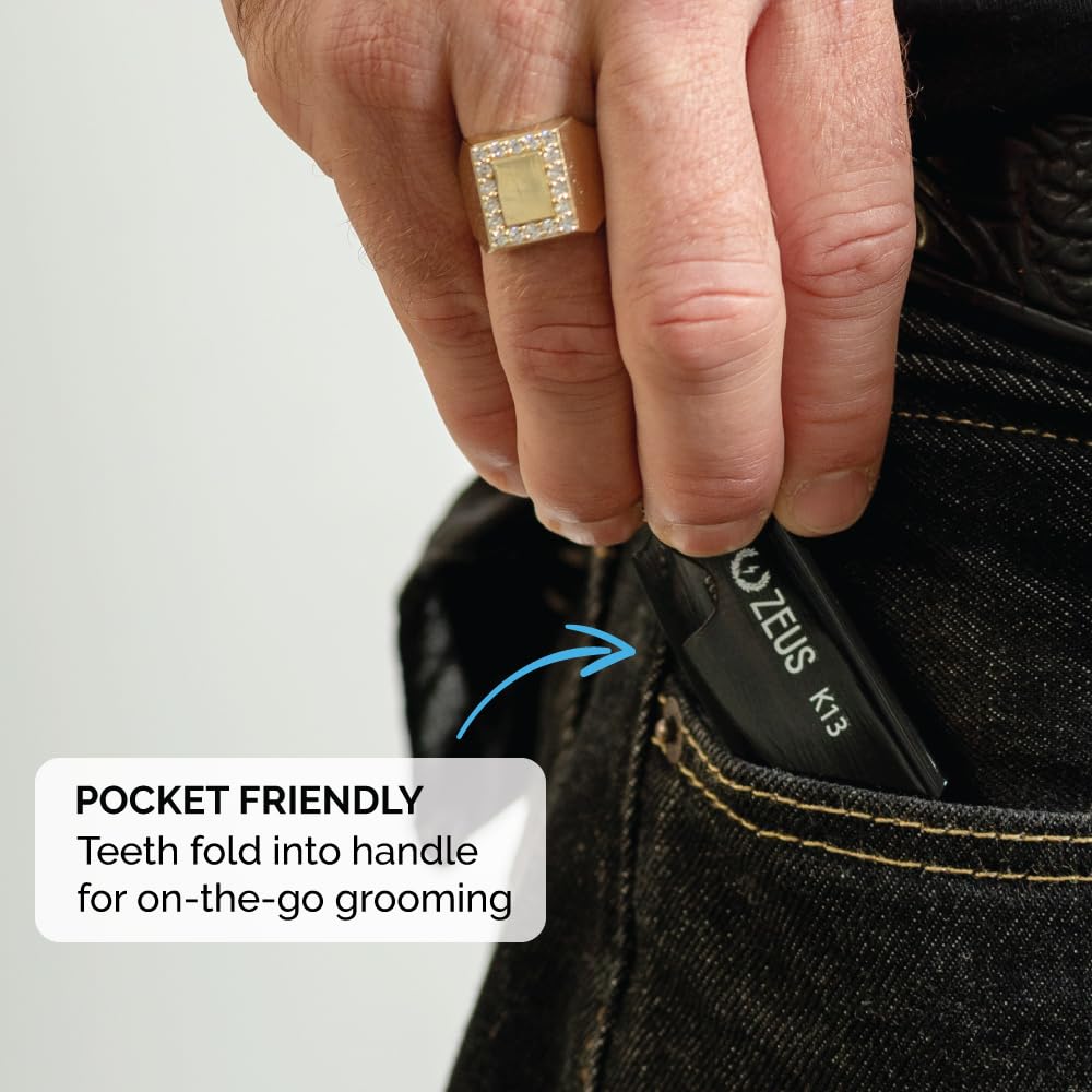 ZEUS Folding Mustache Comb for Men, Handmade Saw-Cut Pocket Comb for Men’s Beard & Moustache Grooming, Compact & Travel Friendly (Tortoiseshell) K12