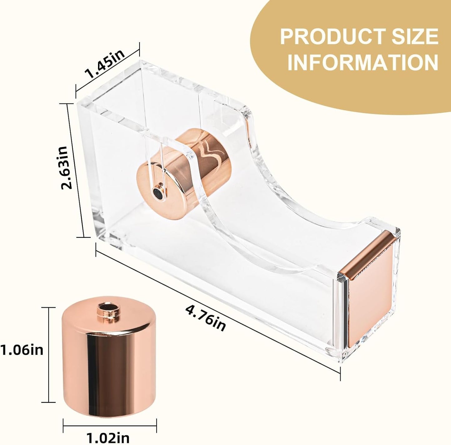 Modern Acrylic Tape Dispenser, Heavy Duty Tape Dispenser with Non-Slip Bace, Single Hand Dispensing Clear Sticker Organizer Perfect for Office, Home, School-Rose Gold
