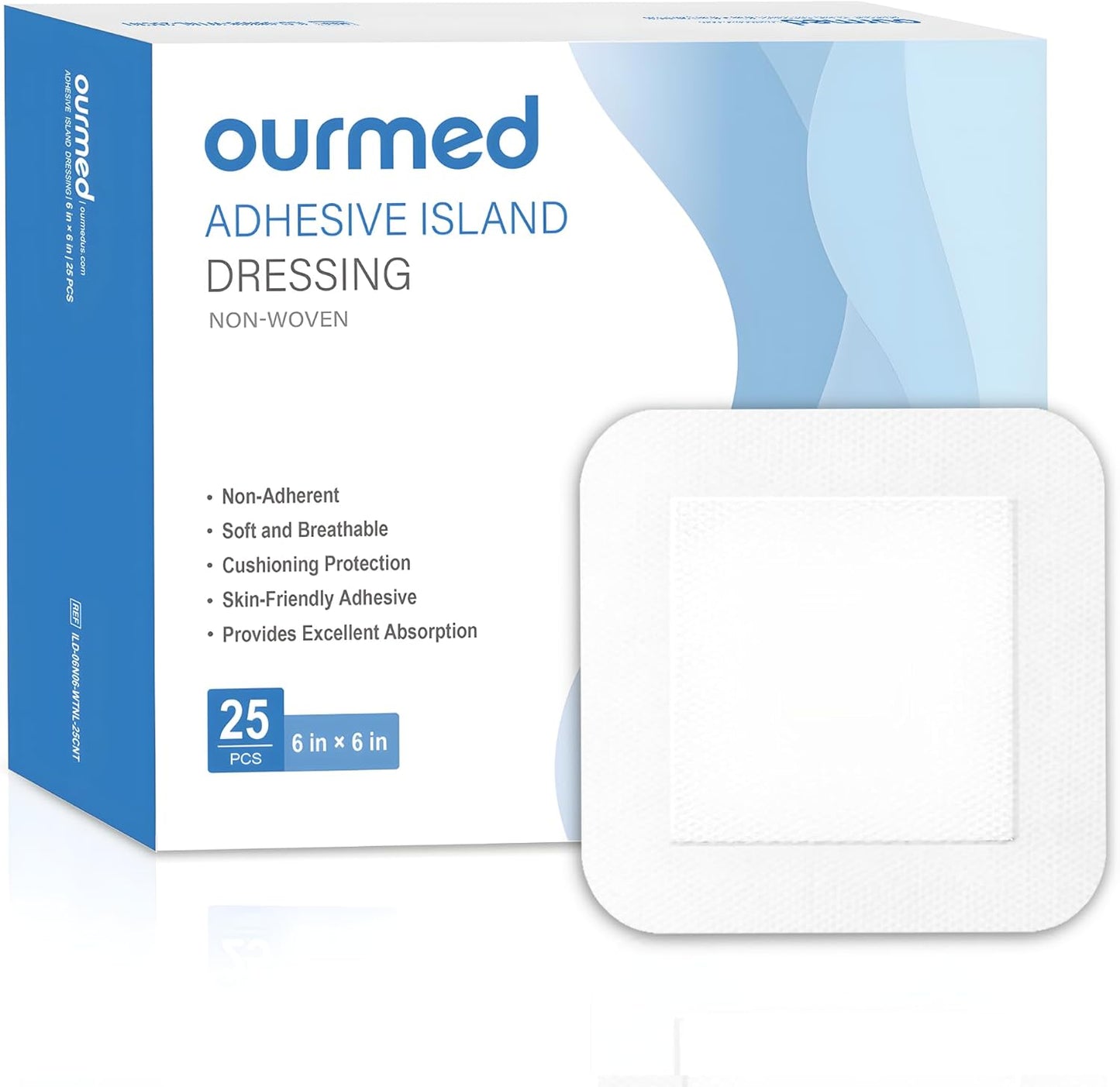 Island Dressing Bordered Gauze 6"x 6"(4"x 4" Absorbent Pad), Pack of 25, Self-Adhesive Sterile Sensitive Dressing with Absorbent, Latex& Rubber- Free, for Cuts and Scratches