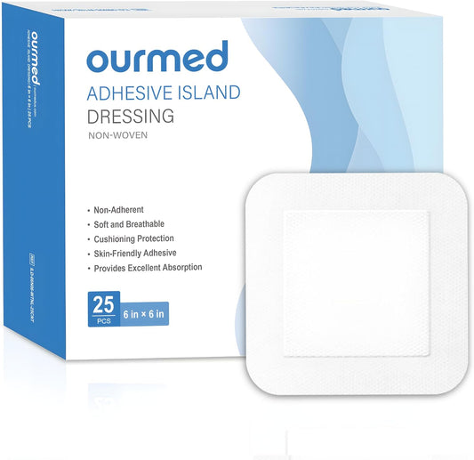 Island Dressing Bordered Gauze 6"x 6"(4"x 4" Absorbent Pad), Pack of 25, Self-Adhesive Sterile Sensitive Dressing with Absorbent, Latex& Rubber- Free, for Cuts and Scratches