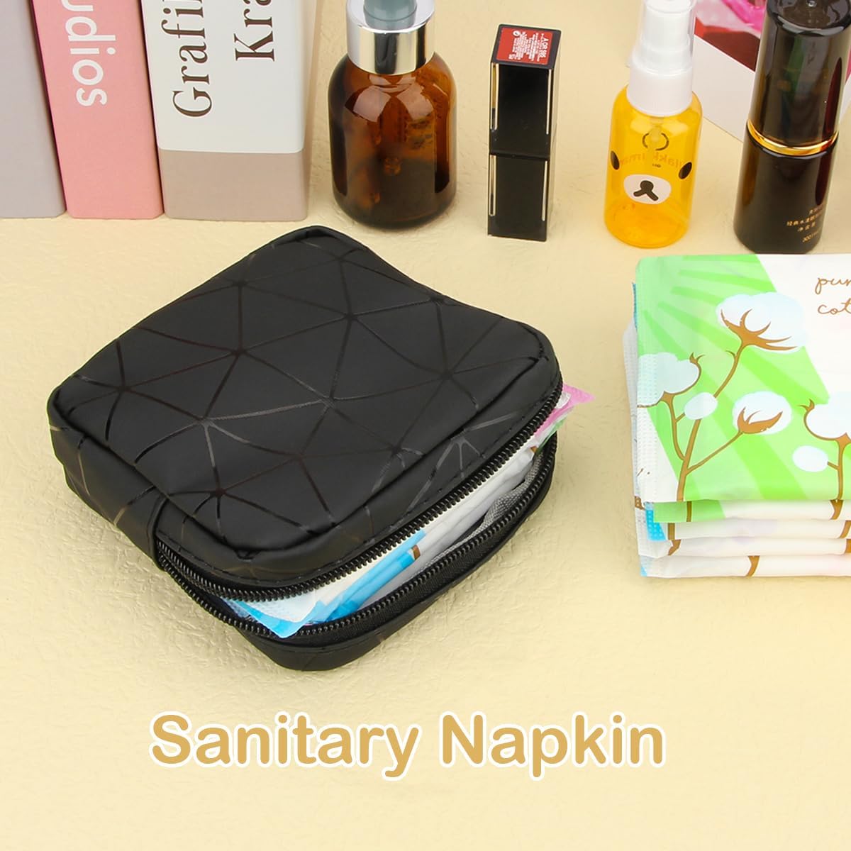 Desing Wish Sanitary Napkin Storage Bag, Menstrual Cup Pouch Nursing Pad Holder Tampon Bags Feminine Product Pouches Portable Period Kit Bag for Girls Women Ladies 2 Pack (Nude/Black)