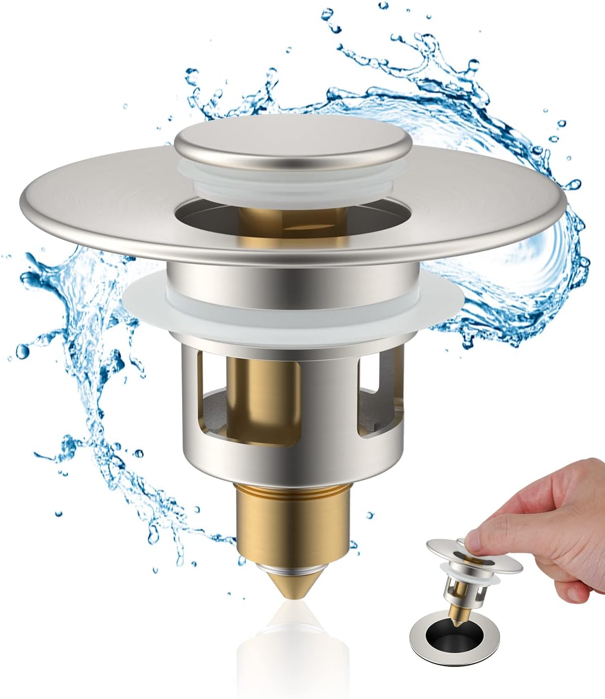 Hibbent All Metal Universal Bathroom Sink Stopper for 1.1''~2.3'' Basin, Pop Up Sink Drain Strainer, Brass Bullet Core Push Type Stopper, Stainless Steel Anti Clogging Drain Filter, Brushed Nickel