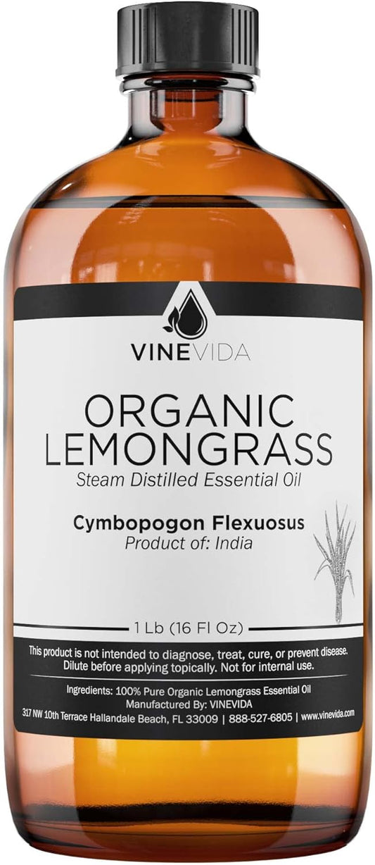 VINEVIDA Organic Lemongrass Essential Oil - 16 oz - Undiluted - DIY Candle Scents - Bulk for Soap Making