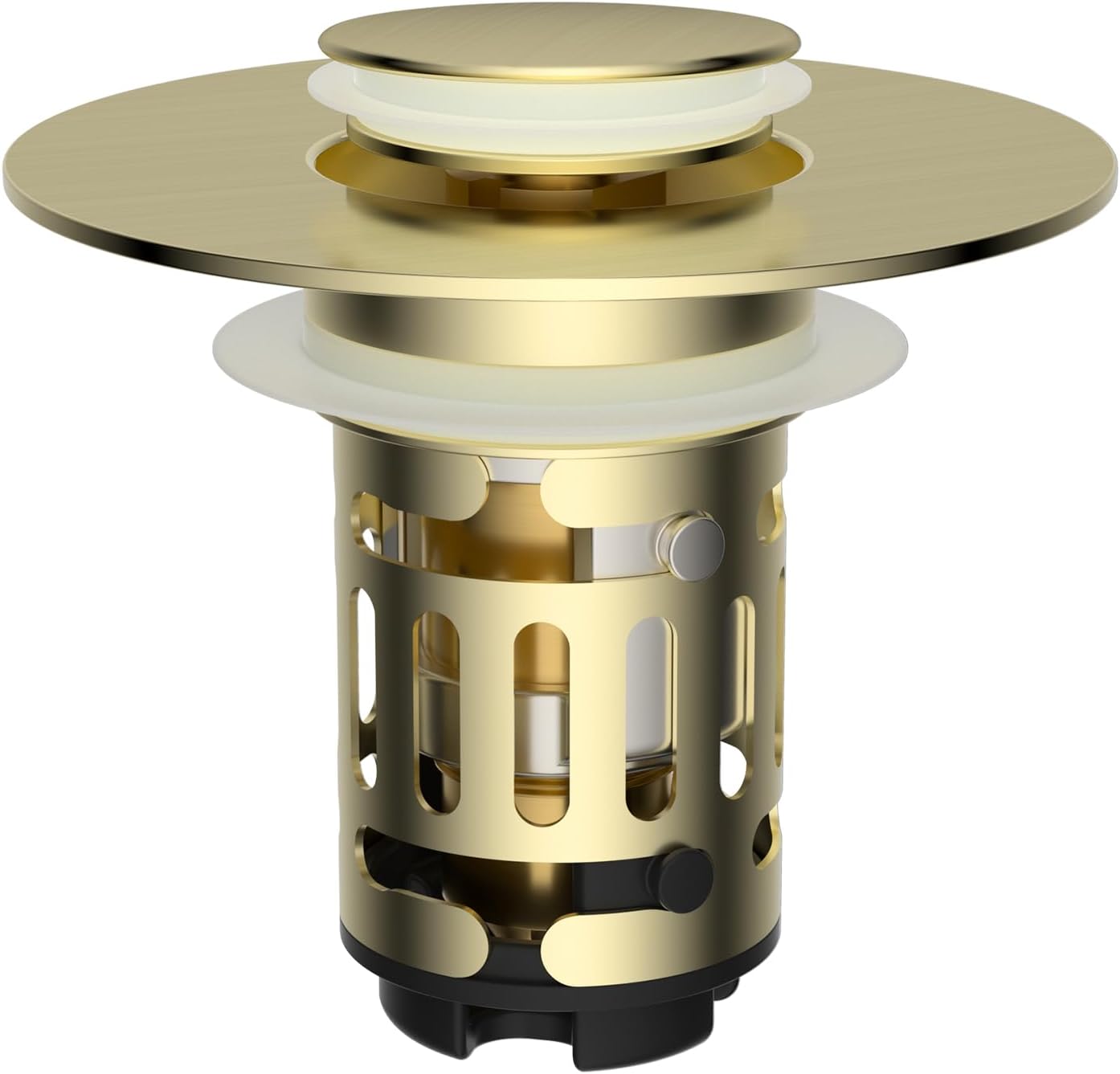Hibbent Upgraded 3 in 1 Bathroom Sink Drain Strainer, Universal Pop Up Stopper with Removable Stainless Steel Filter Basket Hair Catcher, Sink Plug for 1.1''~2.36'' Basin, Brass Core, Brushed Gold