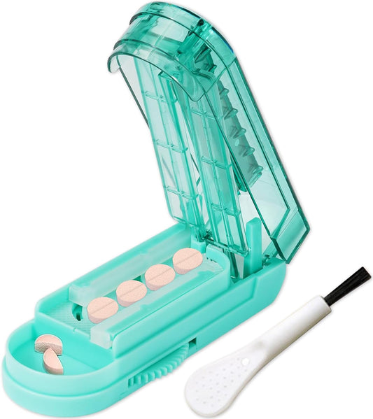Johnbee Pill Cutter Splitter for Small and Tiny Pills, Larger Pills. Adjustable Pill Splitter Accurately Cuts Multiple Pills at Once. Sharp Blade with Safety Guard. Non-Slip Silicone Edge (Lake Blue)