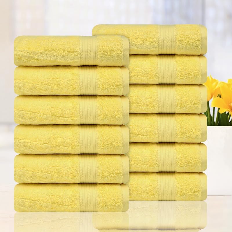 Ample Decor Hand Towel 18 X 28 Inch Pack of 12 600 GSM 100% Cotton, Oeko Tex Certified Soft Absorbent Thick Durable Premium Quality, for Hotel, Bathroom, Spa, Gym - Machine Washable - Yellow