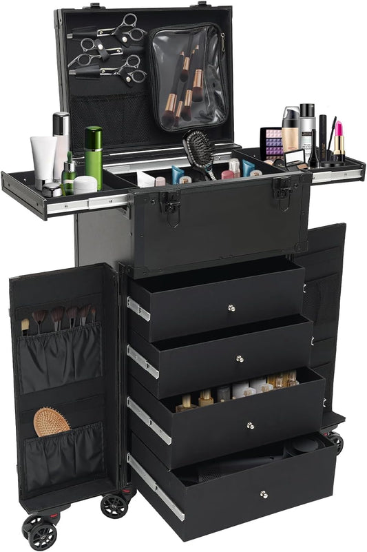 44.09lbs Lockable Makeup Train Case,Rolling Hairdressing Trolley,Beauty Salon Cosmetic Luggage with Universal Wheels for Hair Stylist,Make-up Artists (Black 8)