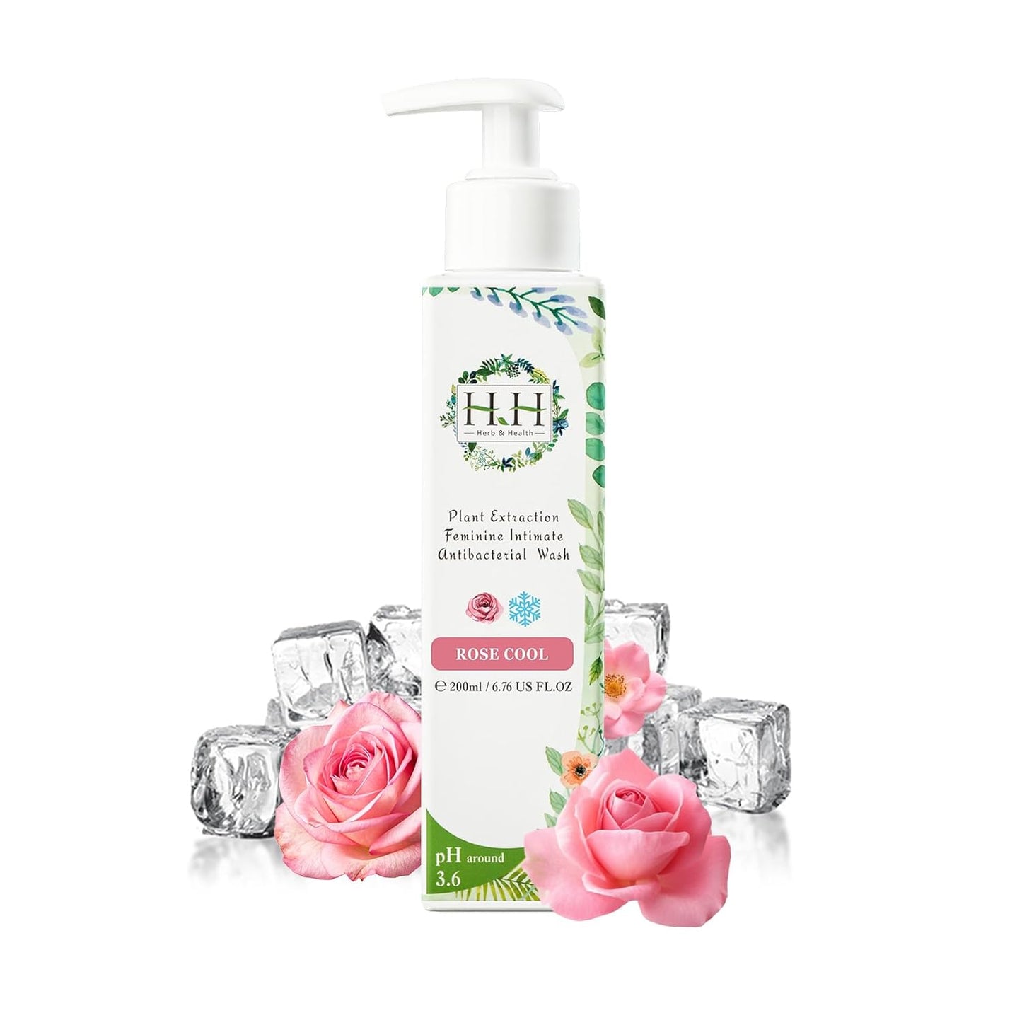HH Herb & Health Feminine Wash for Women, pH3.6 Lactobacillus Cleanser with Botanical Extracts, Hydrating & Cooling Intimate Care for Odor Dryness and Itch, Sensitive Skin Safe, Rose Scent Cool