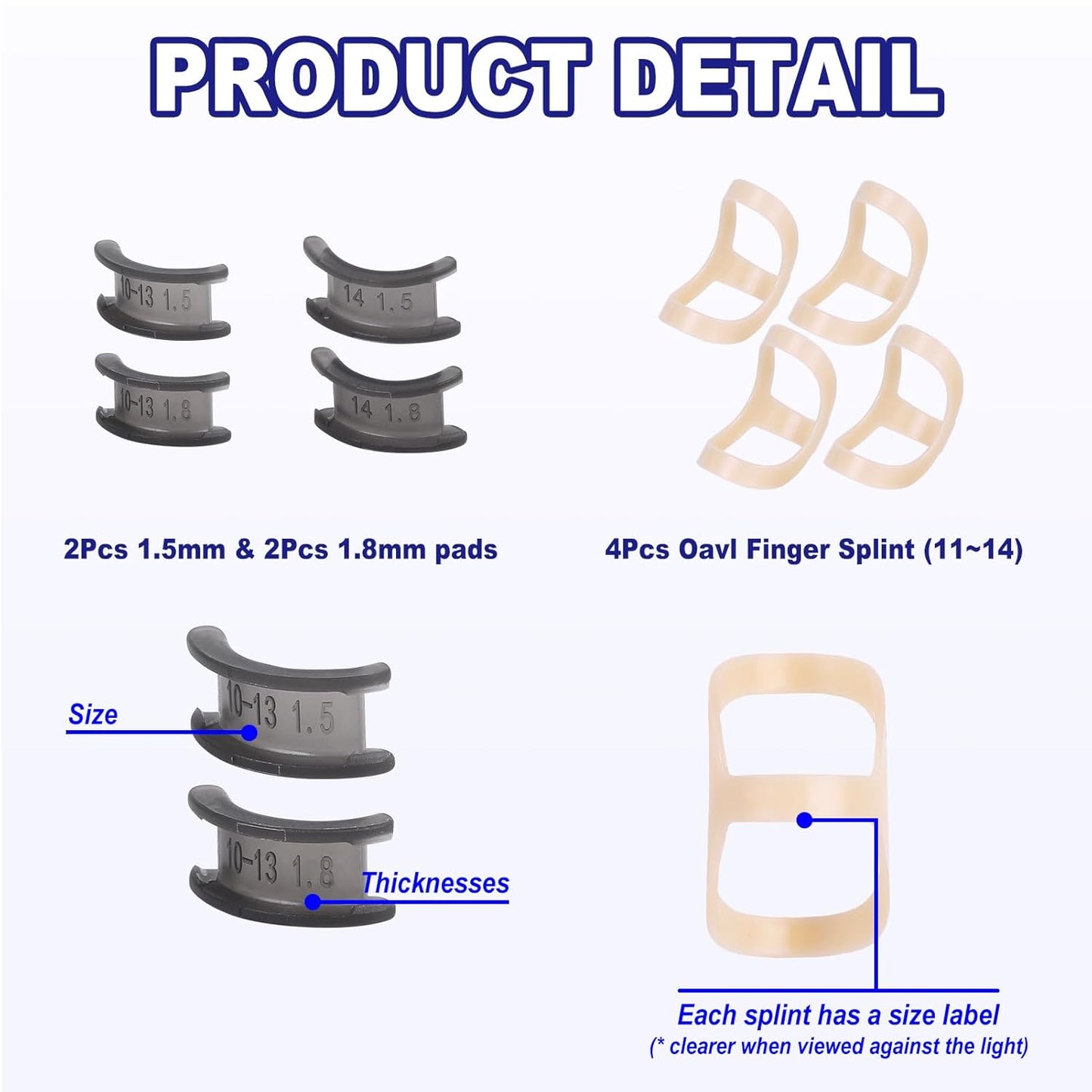 8Pcs Oval Finger Splints & Click-Lock Adjustment Kit, 4 Graduated Finger Ring Splint & 4 Splint Adjustment, Finger Braces for Arthritis, Mallet, Straightening, Support (Size 11-14)
