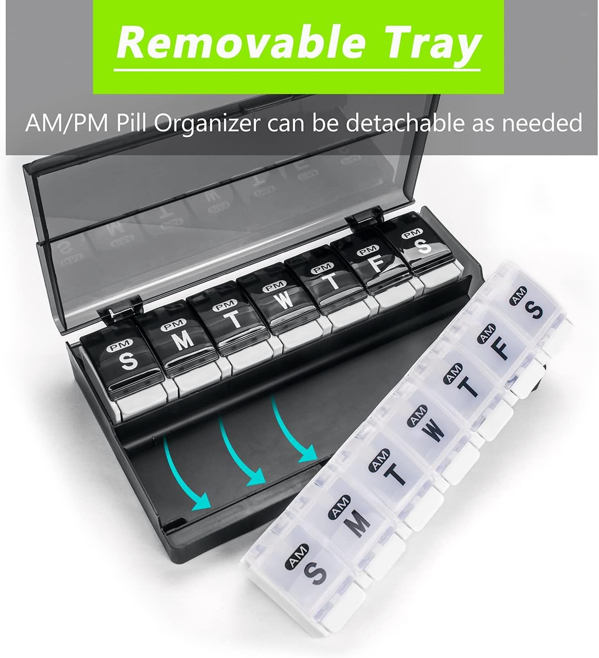 Extra Large Weekly Pill Organizer 2 Times a Day - Remtise Am/Pm Daily Pill Case Medicine Organizer, Push Button 7 Day Pill Box for Pills/Vitamin/Cod Liver Oil/Supplements (Black & White)