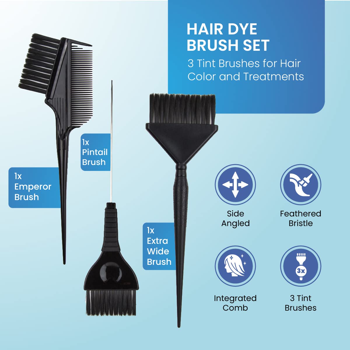 Hair Dye Brush Set - 3 Tint Brushes for Hair Color and Treatments - Extra Wide Brush - Pintail Brush - Emperor Brush - Variety Set Salon Color Brushes (Black)