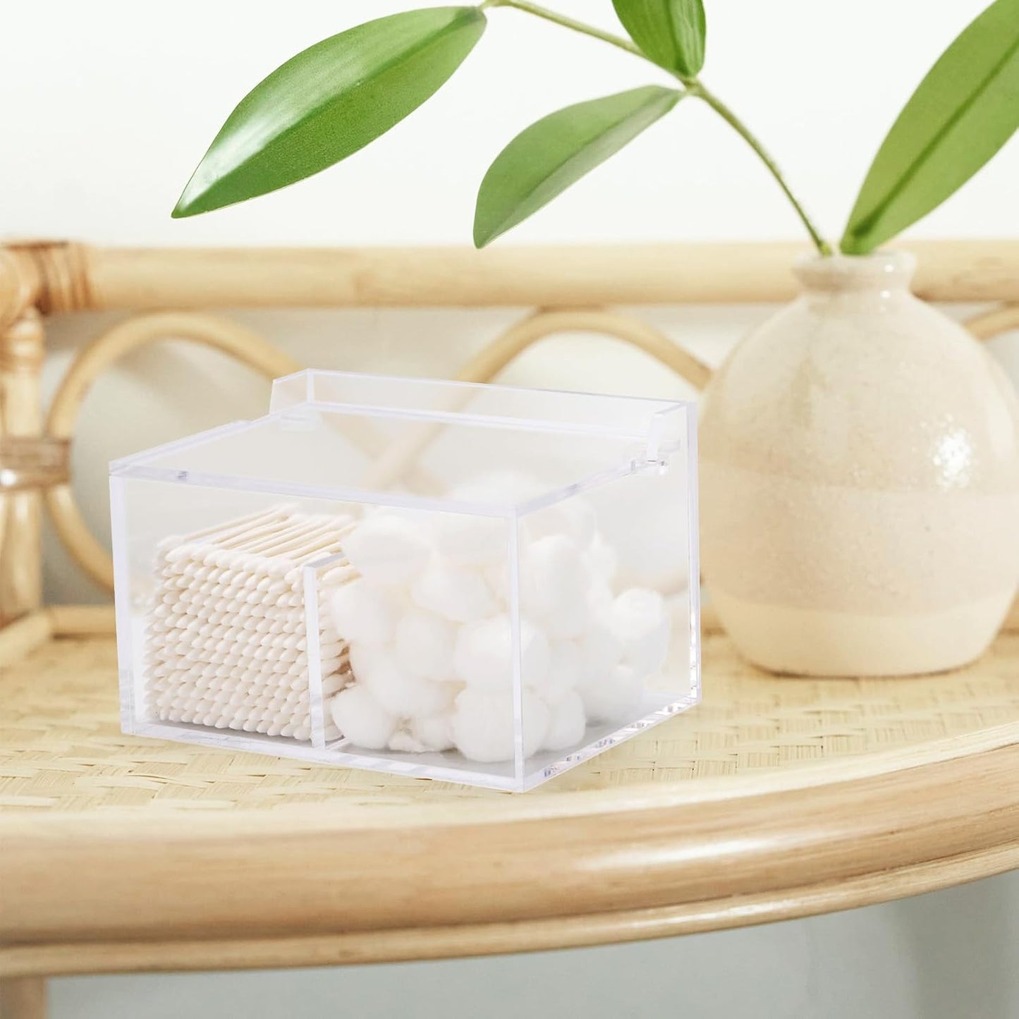 Tbestmax 2-Grid Qtip Holder, 4mm Thickness Cotton Ball Swab Organizer Acrylic Rectangle Bathroom Canister Makeup Pad Cosmetic Storage - Clear
