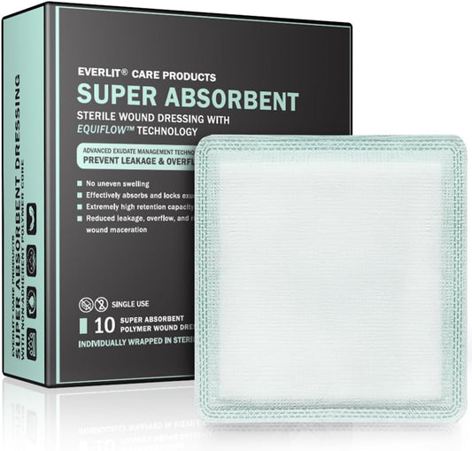 EquiFlow Super Absorbent Dressing for Heavily Exuding Wound | Fast-Absorbing Non-Adhesive Polymer Dressing with Nonstick Gauze Pad | High Absorption & Retention | Pack of 10 (4" x 4")