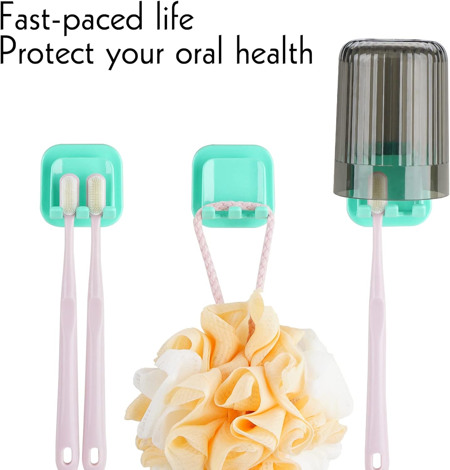 2 PCS Self-Adhesive Toothbrush Holders Wall Mounted, Water Proof Toothbrush Hook, 2 in 1 with Toothbrush Hanger and Gargle Cup Holder for Bathroom Shower (Green)