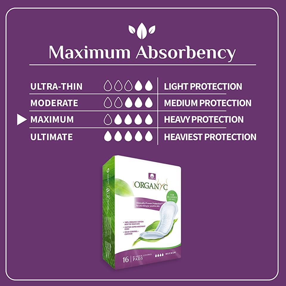 Organyc Certified Organic Cotton Pads for Incontinence, Certified Odor Control, Free from Perfumes, Dyes, Plastics, and Chemicals, Maximum, 64 Count