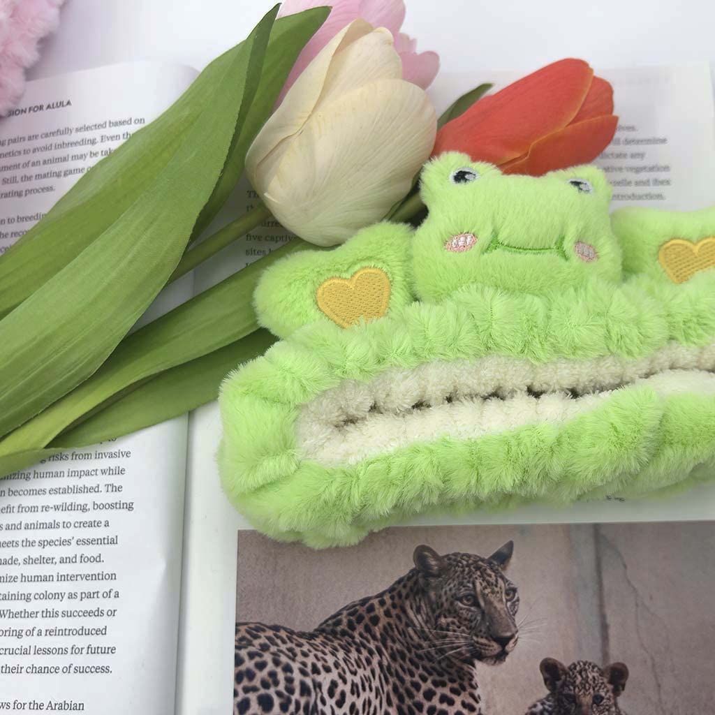 Cute Kawaii Spa Headband Green Frog headband for Women's Skincare, Makeup and Washing - Soft Microfiber Coral Fluffy Towel Headbands for Girls' Hair