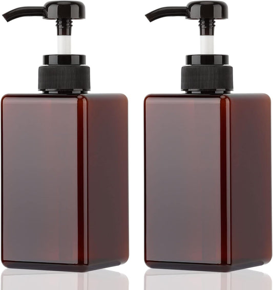 450ml (15.2oz) Pump Bottle Dispenser Jansburg 2Pack Refillable Square Plastic Lotion Dispenser Empty Lotion Pump Bottle for Essential Oil Soap Lotion Shampoo, Bathroom/Kitchen/Travel Amber