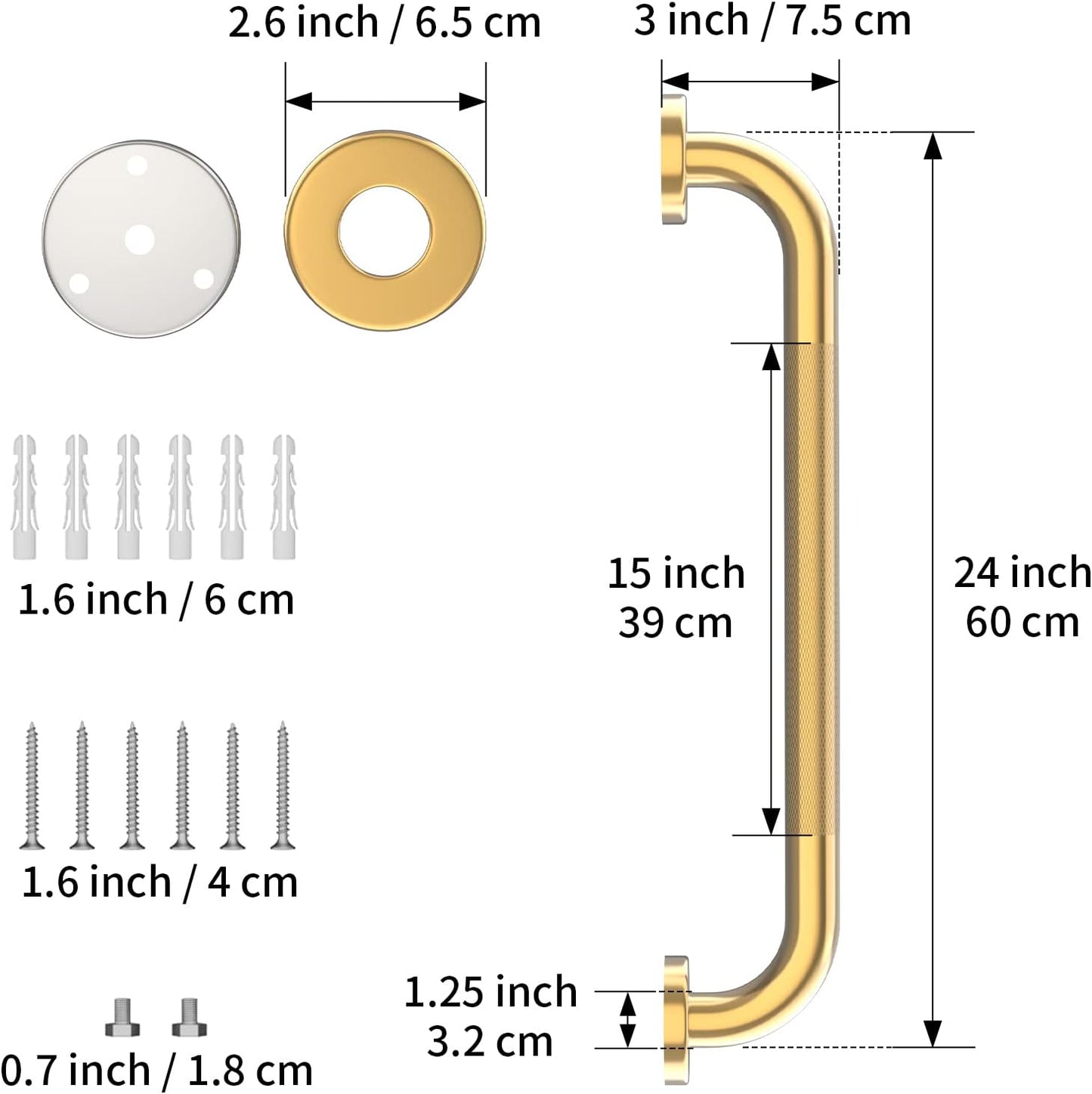 24 Inch Anti Slip Shower Grab Gold, Munzong Bathroom Grab Bar, Knurled Bathroom Balance Bar,Safety Hand Rail Support Handicap Elderly Injury Senior Assist Bath Handle