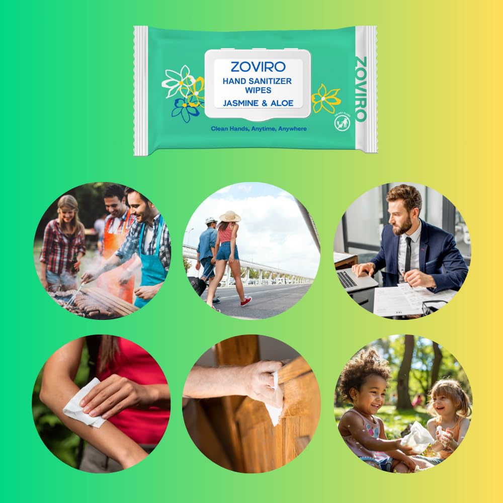 Zoviro Hand Sanitizer Wipes, Jasmine Essential Oils, 100% Viscose Ultra-Soft Wipes, Moisturizing & Non-Sticky, Jasmine Scent, Adults & Kids, 80 Count (Pack of 6)