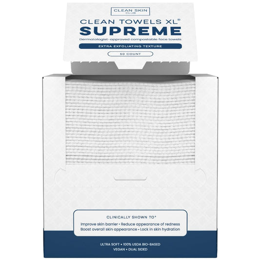 Clean Skin Club Clean Towels XL® Supreme, 100% USDA Biobased Face Towel, Disposable Face Towelette, Eczema Association Accepted, Makeup Remover Dry Wipes, Ultra Soft, 1 Pack, 50 Ct