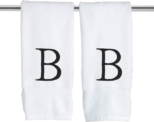 Black & White Bathroom Hand Towel - Monogrammed Luxury Hotel Quality Decorative Embroidered Towel for Powder Room, Spa - GOTS Organic Certified - Set of 2 Letter B