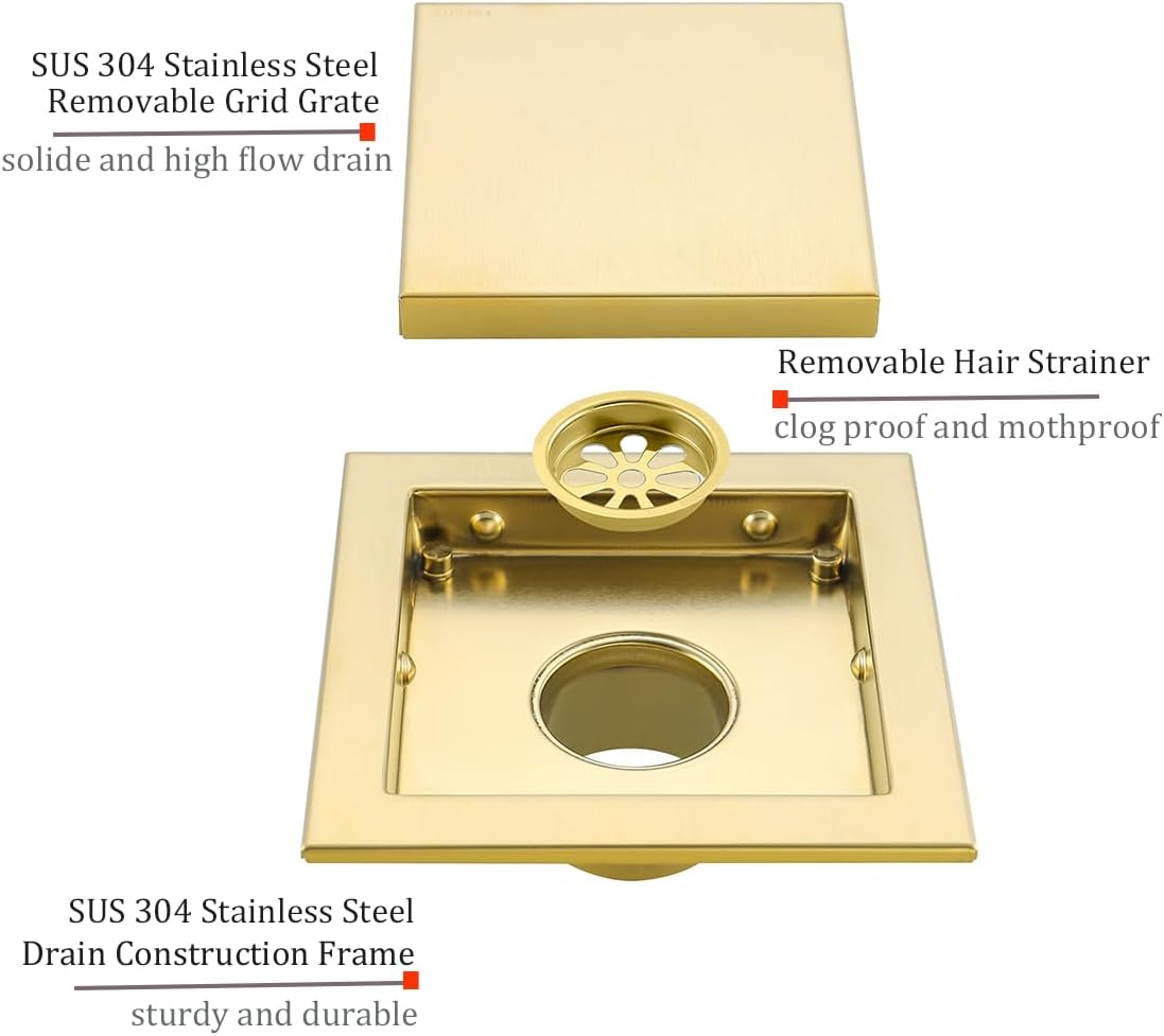 RANDOM Brushed Gold Shower Drain Square 6 inch SUS304 Stainless Steel Shower Floor Drain with Hair Strainer Tile Insert Shower Drain Cover
