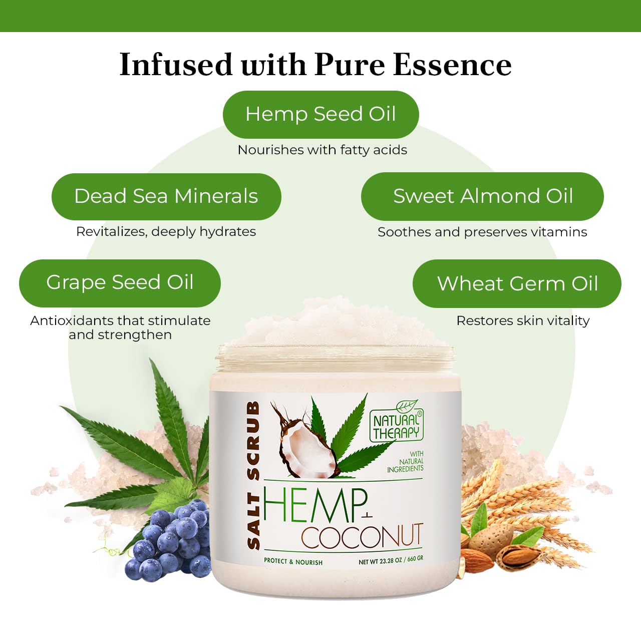 Natural Therapy Hemp & Coconut Salt Scrub – Exfoliating Body Scrub for Women – Moisturizing and Nourishing Skin – with Pure Oils and Dead Sea Minerals (23.28 Oz)