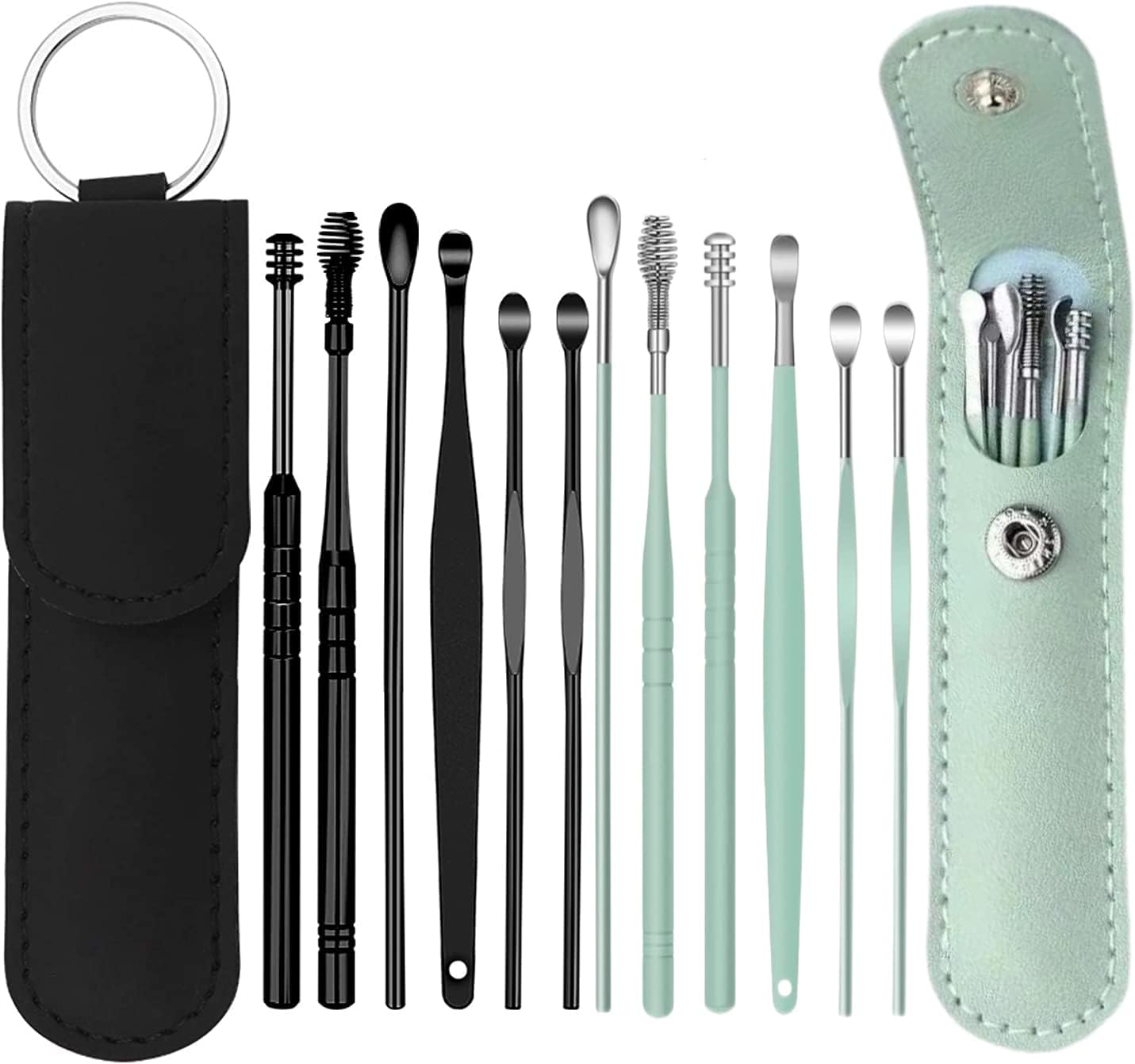 12 Pcs Ear Pick Earwax Removal Kit, Ear Cleaning Tool, Stainless Steel Earwax Removal Tool with Leather Storage Box (Black&Green)