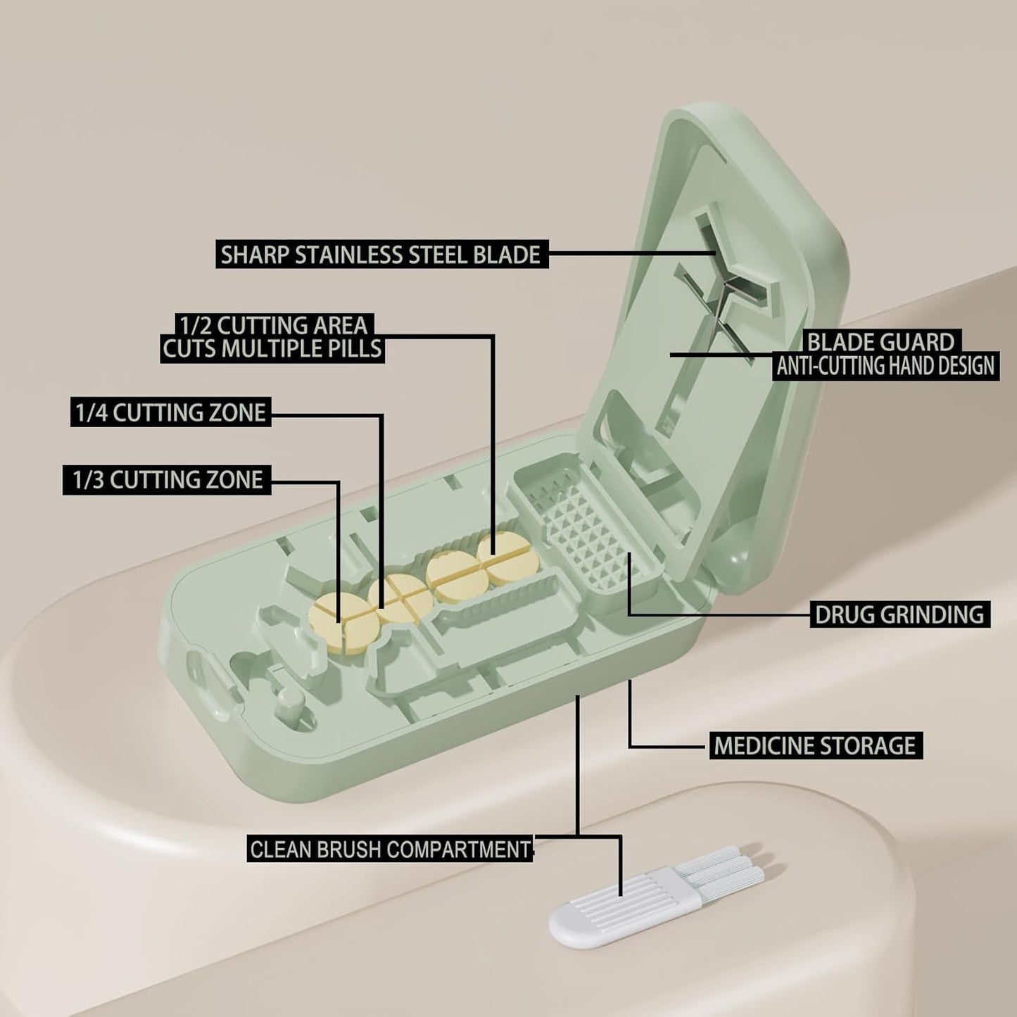 Precision Pill Cutter with Centering Guide - Multi-Angle Tablet Splitter for 1/2, 1/3 & 1/4 Cuts, Includes Pill Crusher & Storage Compartment (Green)