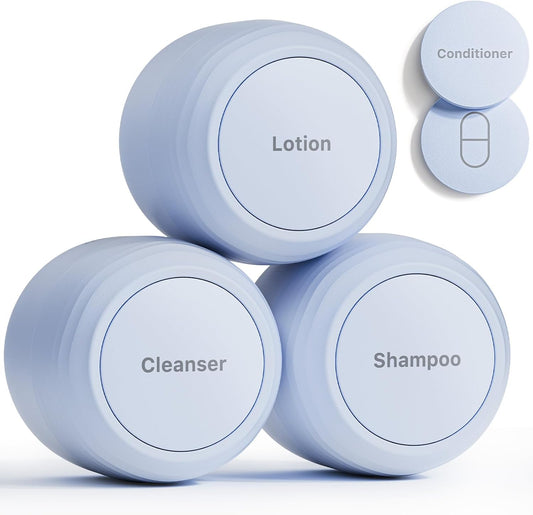 New Travel Toiletry Containers [Ultra Leakproof] TSA-Approved, PLA Hard Shell Jars with 5 Magnetic Labels, Wide Mouth Bottles for Lotion, Cleanser, Shampoo, Conditioner, Blue, 3 Pack, 1OZ