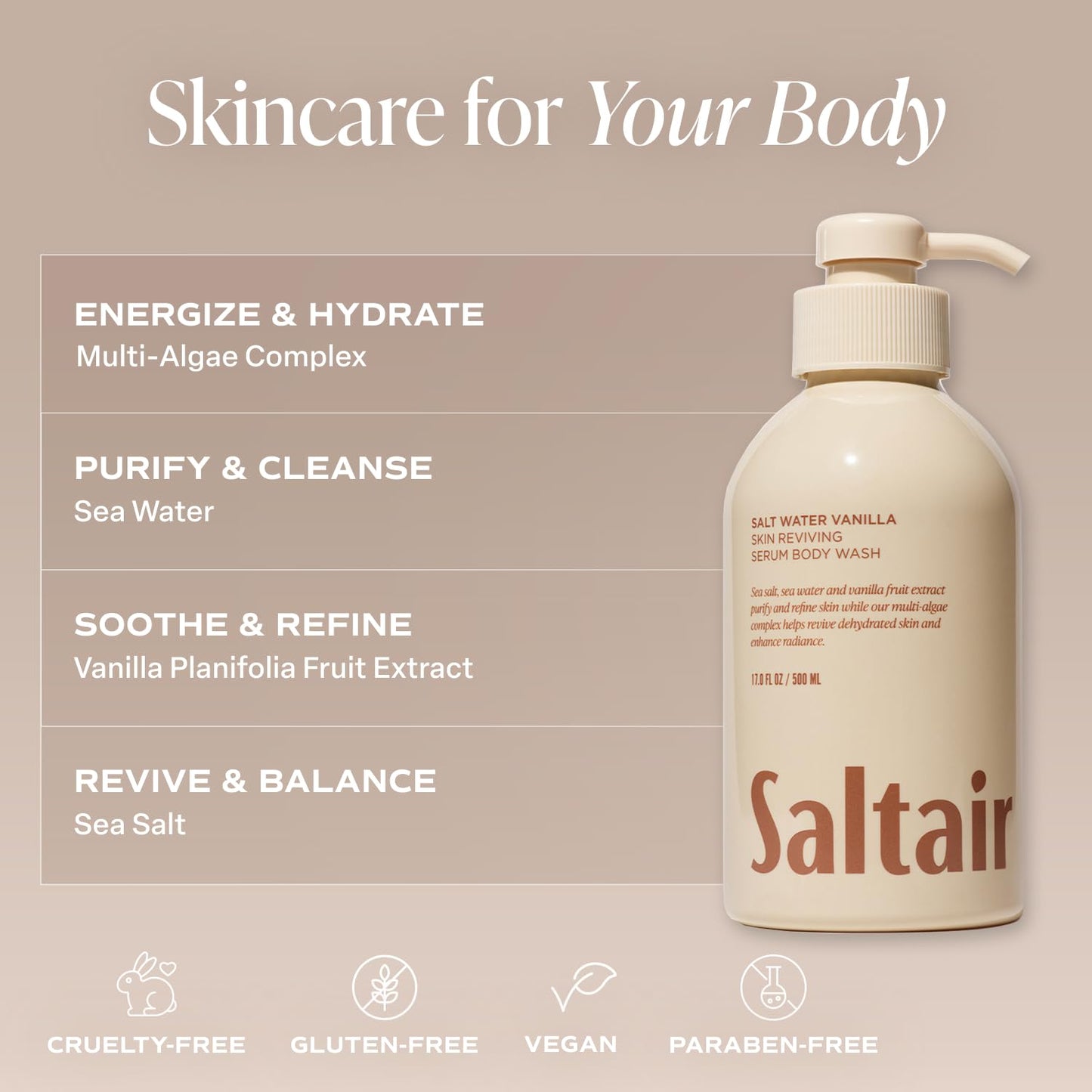 Saltair Body Wash, Salt Water Vanilla 2-Pack. Moisturizing Body Cleanser with Monoi Oil and Cupuacu Butter. Luxury Shower Gel for Women and Men. Vegan, Cruelty-Free, Paraben-Free. 2x 17oz Pump Bottles
