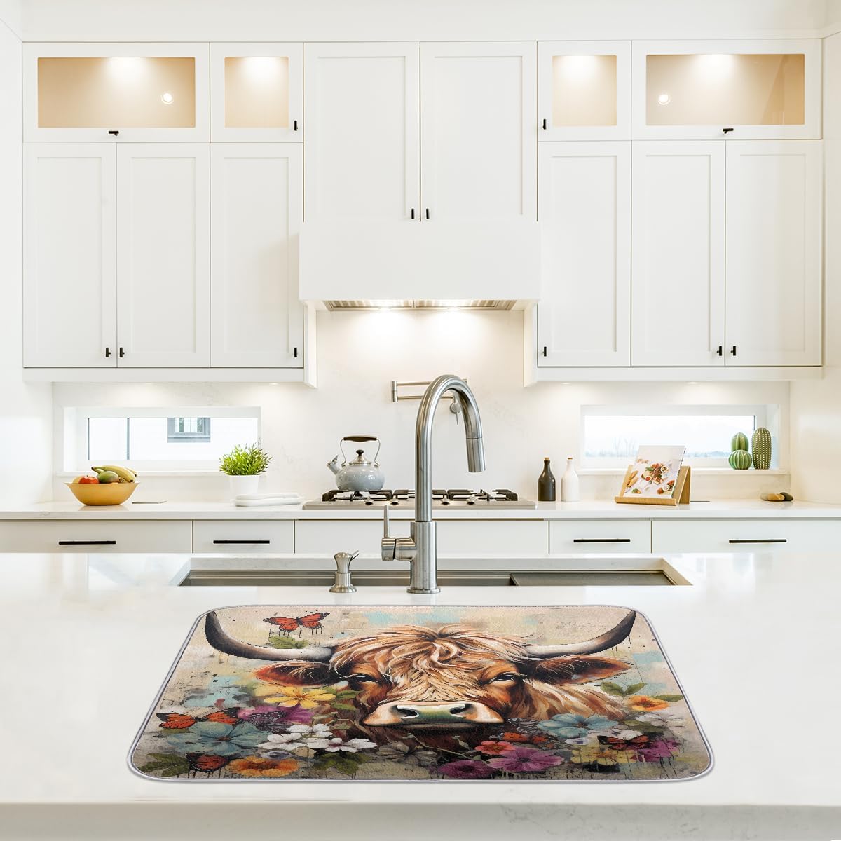 Dish Drying Mat Highland Cow Graffiti Floral Western Farm Large Drying Mat for Kitchen Counter 18x24in Absorbent Dish Drainer Rack Pad, Heat Resistant Coffee Bar Mats Countertop Protector